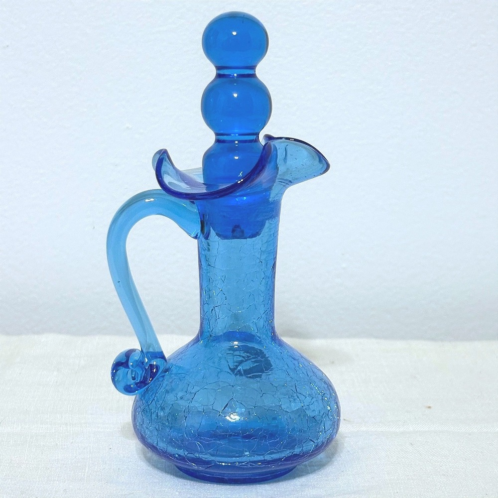 Rainbow Art Glass Cobalt Blue Crackle Glass Decanter Pitcher Triple Ball Stopper